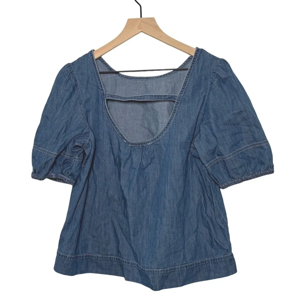 LOFT Chambray Top Blue Denim Open Back Puff Sleeve Medium
